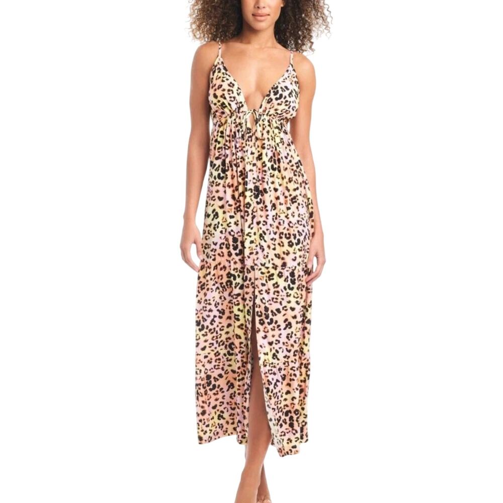 Bar III Womens Swim Cover Up Dress Sz Medium Pink Yellow Leopard Print Maxi NEW